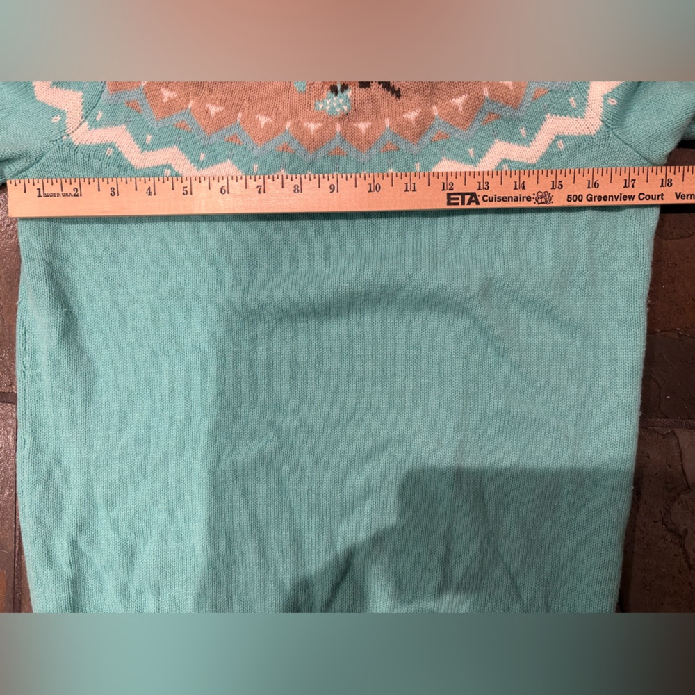 Talbots Teal Lambswool Knit Fair Isle Snow Bird Sweater Size M - Picture 5 of 5
